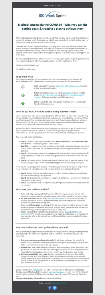 Snapshot of the 100 Week Sprint email